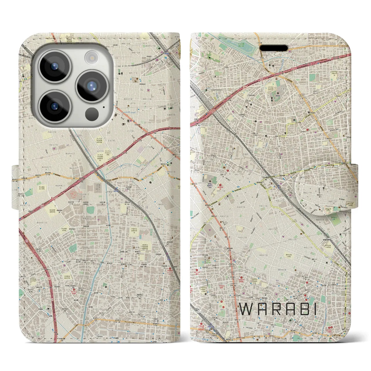 【蕨】地図柄iPhoneケース（手帳両面タイプ・ナチュラル）iPhone 15 Pro 用