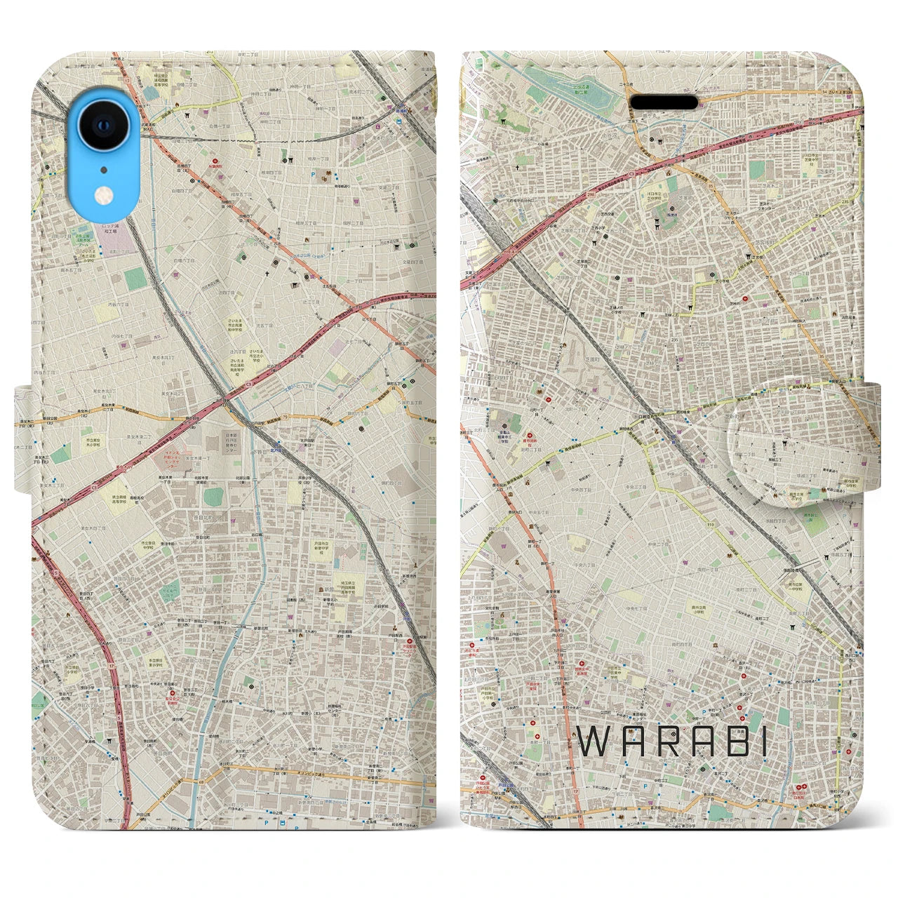 【蕨】地図柄iPhoneケース（手帳両面タイプ・ナチュラル）iPhone XR 用