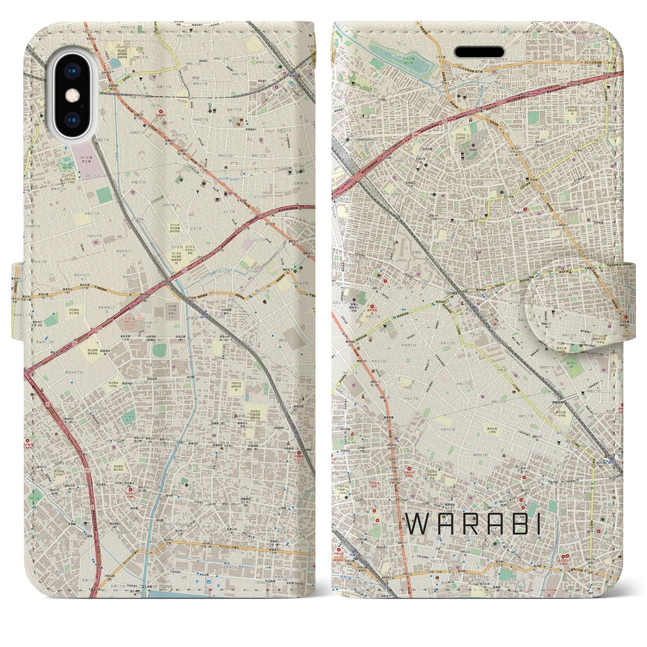 【蕨】地図柄iPhoneケース（手帳両面タイプ・ナチュラル）iPhone XS Max 用