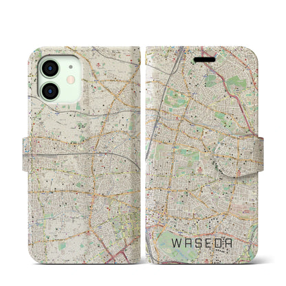 【早稲田2（東京都）】地図柄iPhoneケース（手帳タイプ）ナチュラル・iPhone 12 mini 用