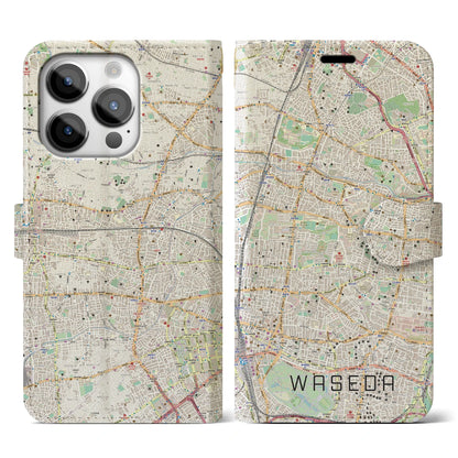 【早稲田2（東京都）】地図柄iPhoneケース（手帳タイプ）ナチュラル・iPhone 14 Pro 用