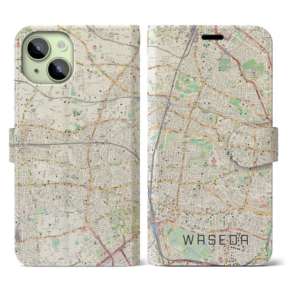 【早稲田2（東京都）】地図柄iPhoneケース（手帳タイプ）ナチュラル・iPhone 15 用