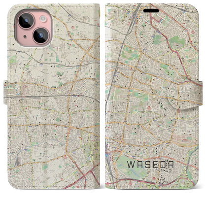 【早稲田2（東京都）】地図柄iPhoneケース（手帳タイプ）ナチュラル・iPhone 15 Plus 用