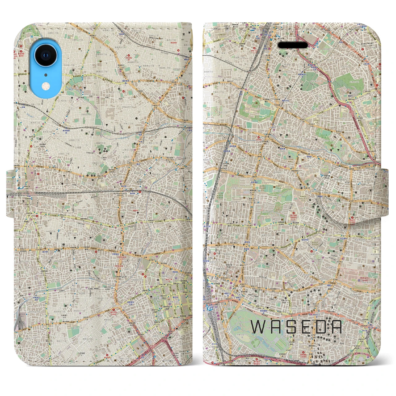 【早稲田2】地図柄iPhoneケース（手帳両面タイプ・ナチュラル）iPhone XR 用
