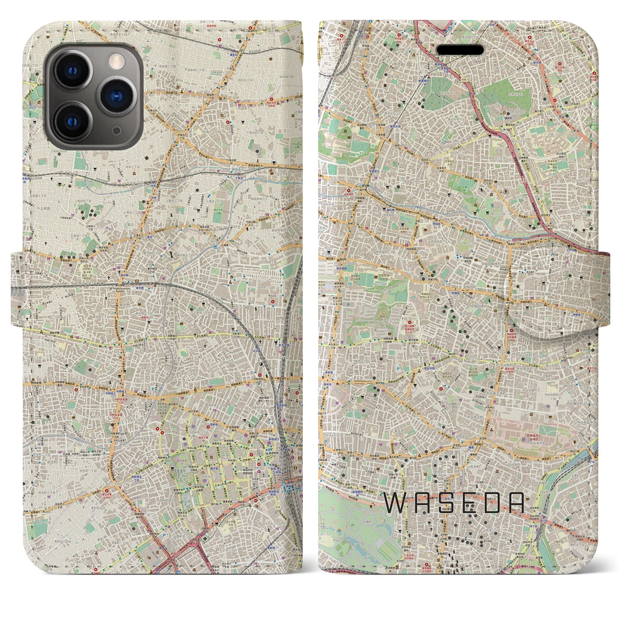 【早稲田】地図柄iPhoneケース（手帳両面タイプ・ナチュラル）iPhone 11 Pro Max 用