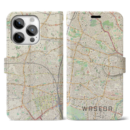 【早稲田（東京都）】地図柄iPhoneケース（手帳タイプ）ナチュラル・iPhone 14 Pro 用