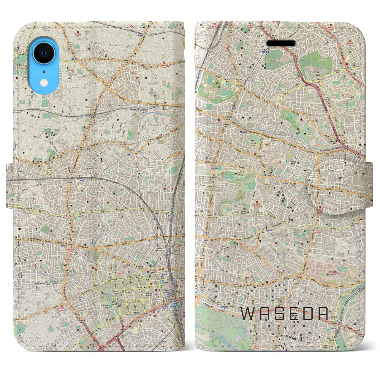 【早稲田】地図柄iPhoneケース（手帳両面タイプ・ナチュラル）iPhone XR 用
