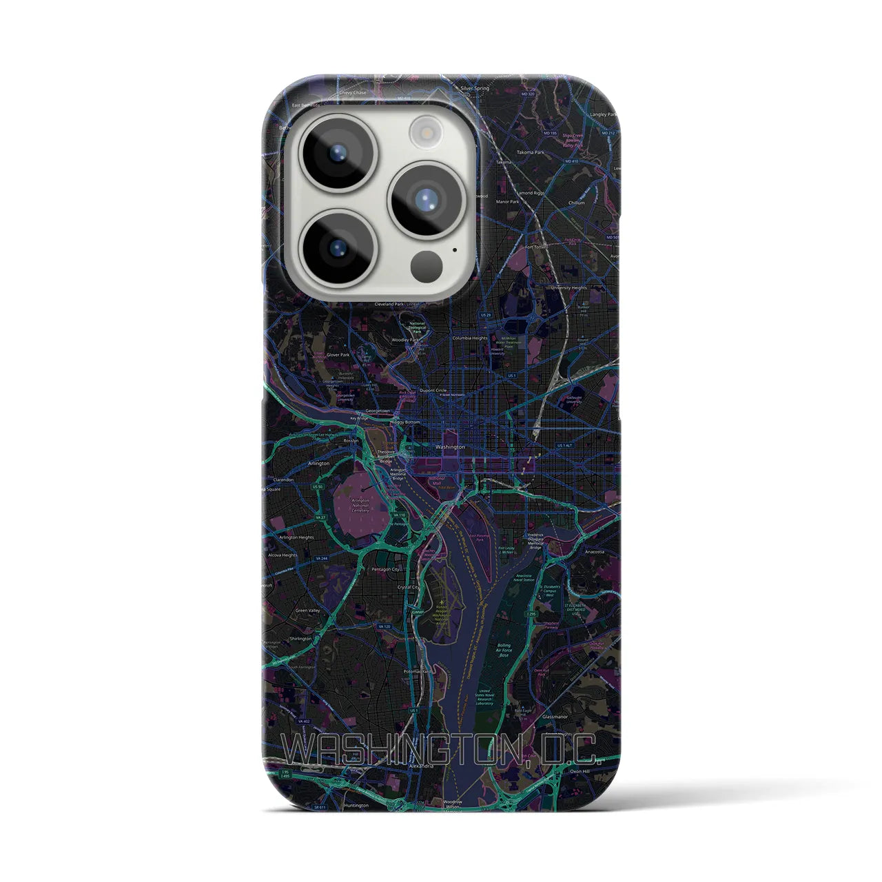 【ワシントンD.C.】地図柄iPhoneケース（バックカバータイプ・ブラック）iPhone 15 Pro 用