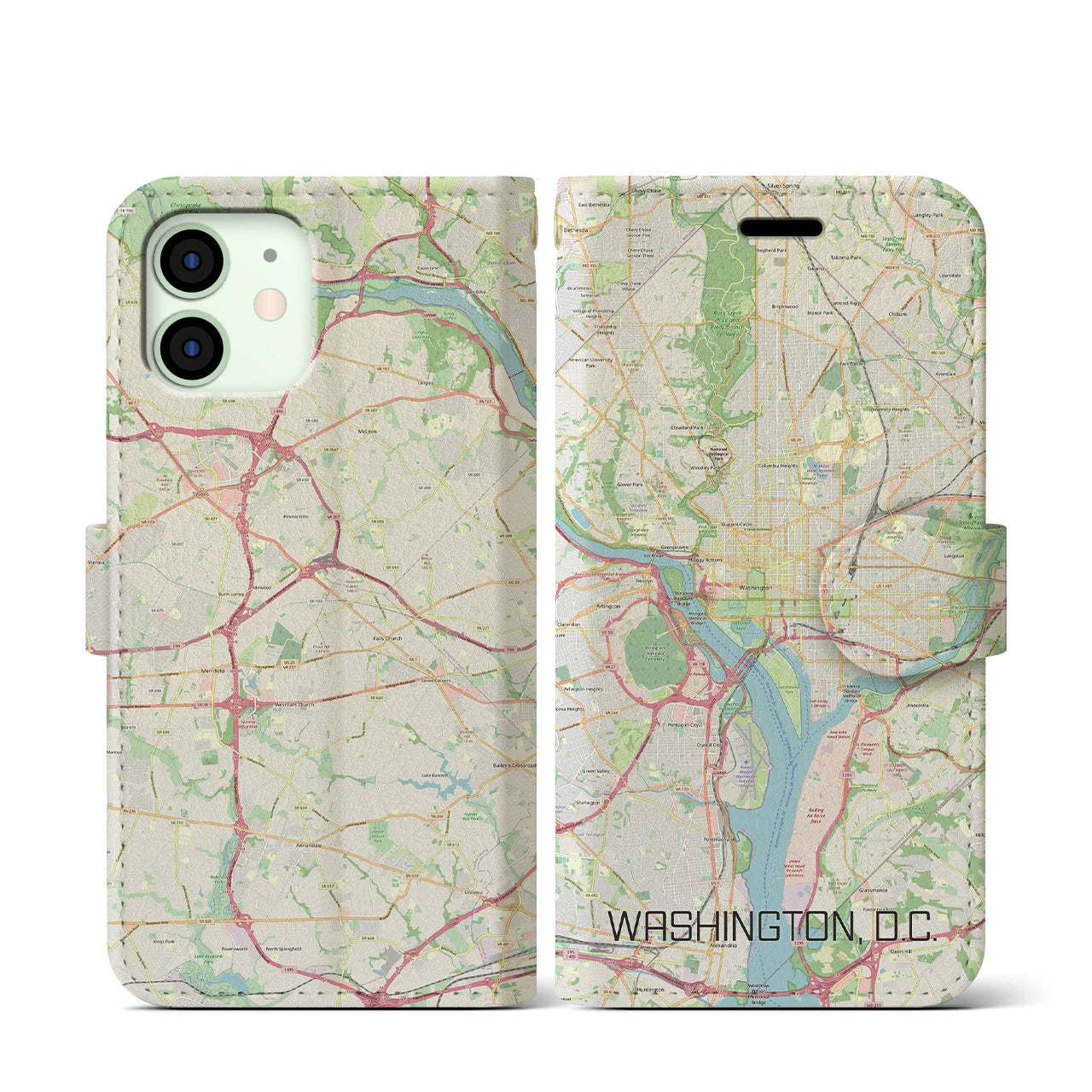 【ワシントンD.C.】地図柄iPhoneケース（手帳両面タイプ・ナチュラル）iPhone 12 mini 用