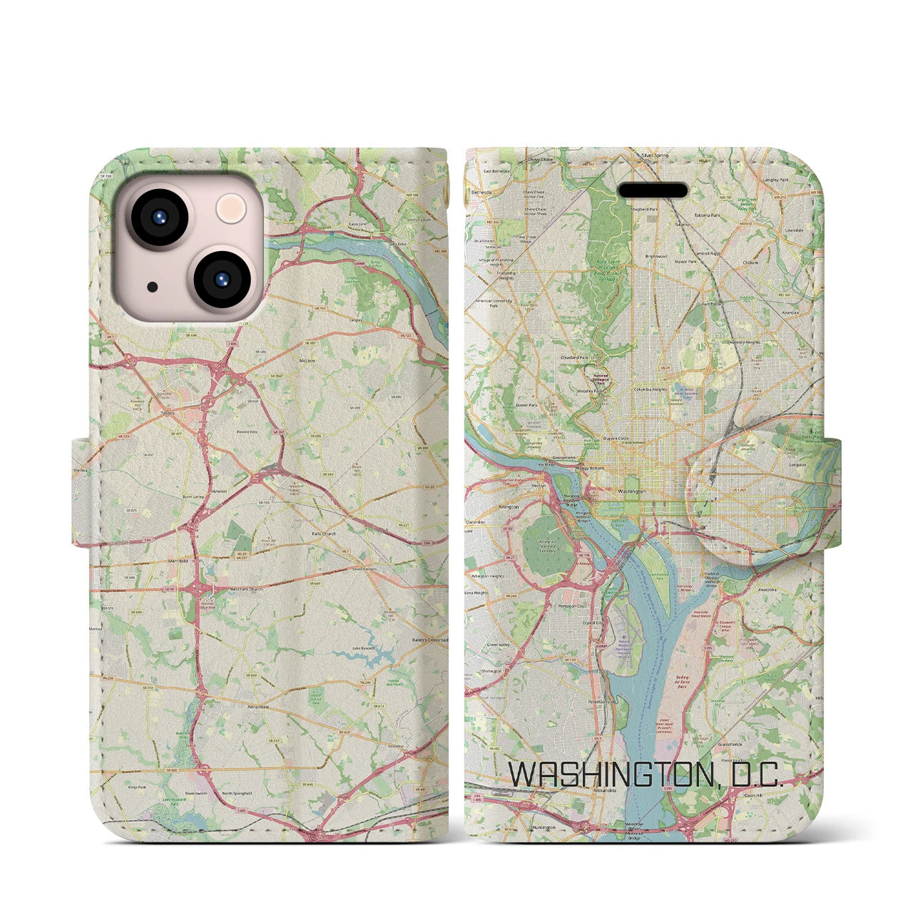 【ワシントンD.C.】地図柄iPhoneケース（手帳両面タイプ・ナチュラル）iPhone 13 mini 用