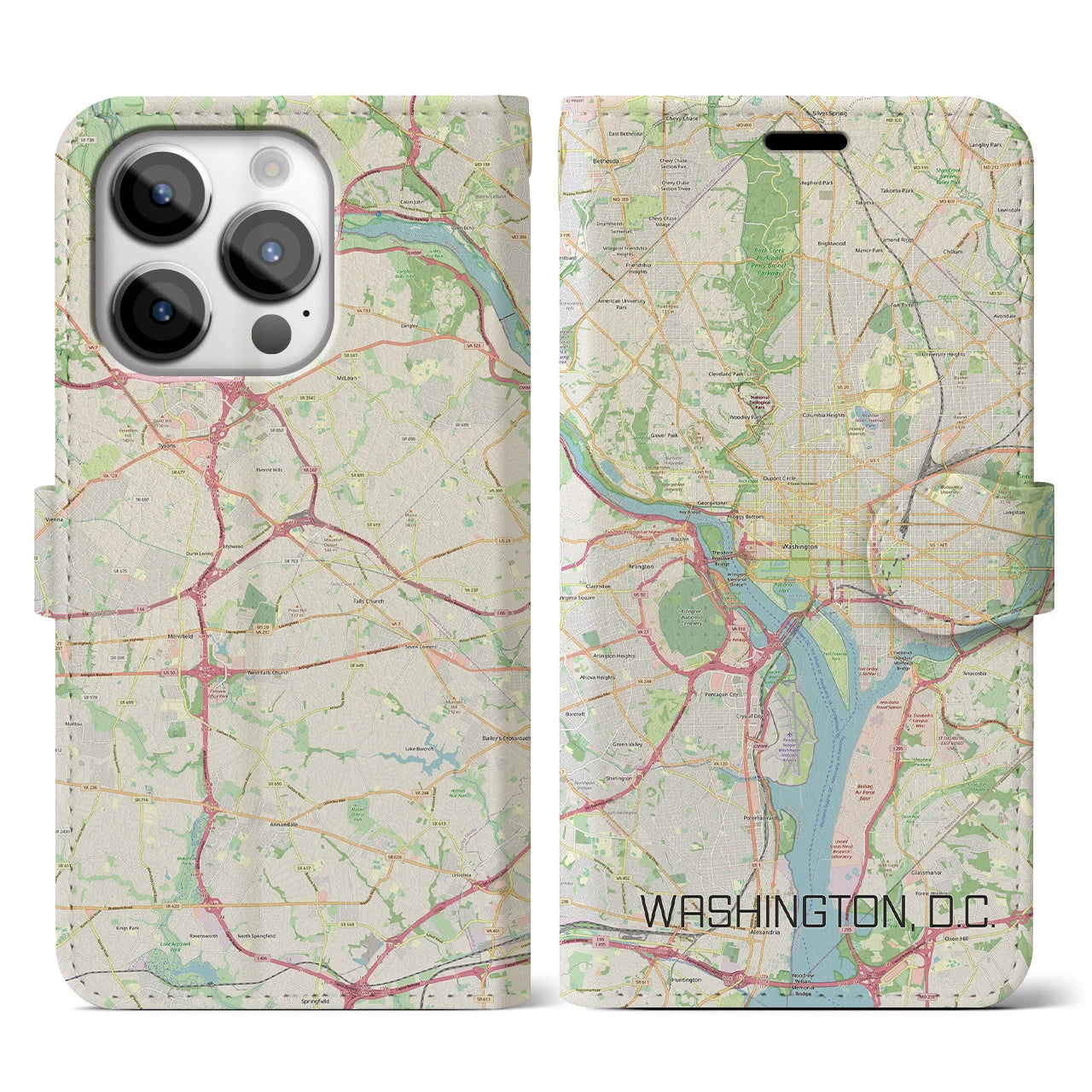 【ワシントンD.C.】地図柄iPhoneケース（手帳両面タイプ・ナチュラル）iPhone 14 Pro 用