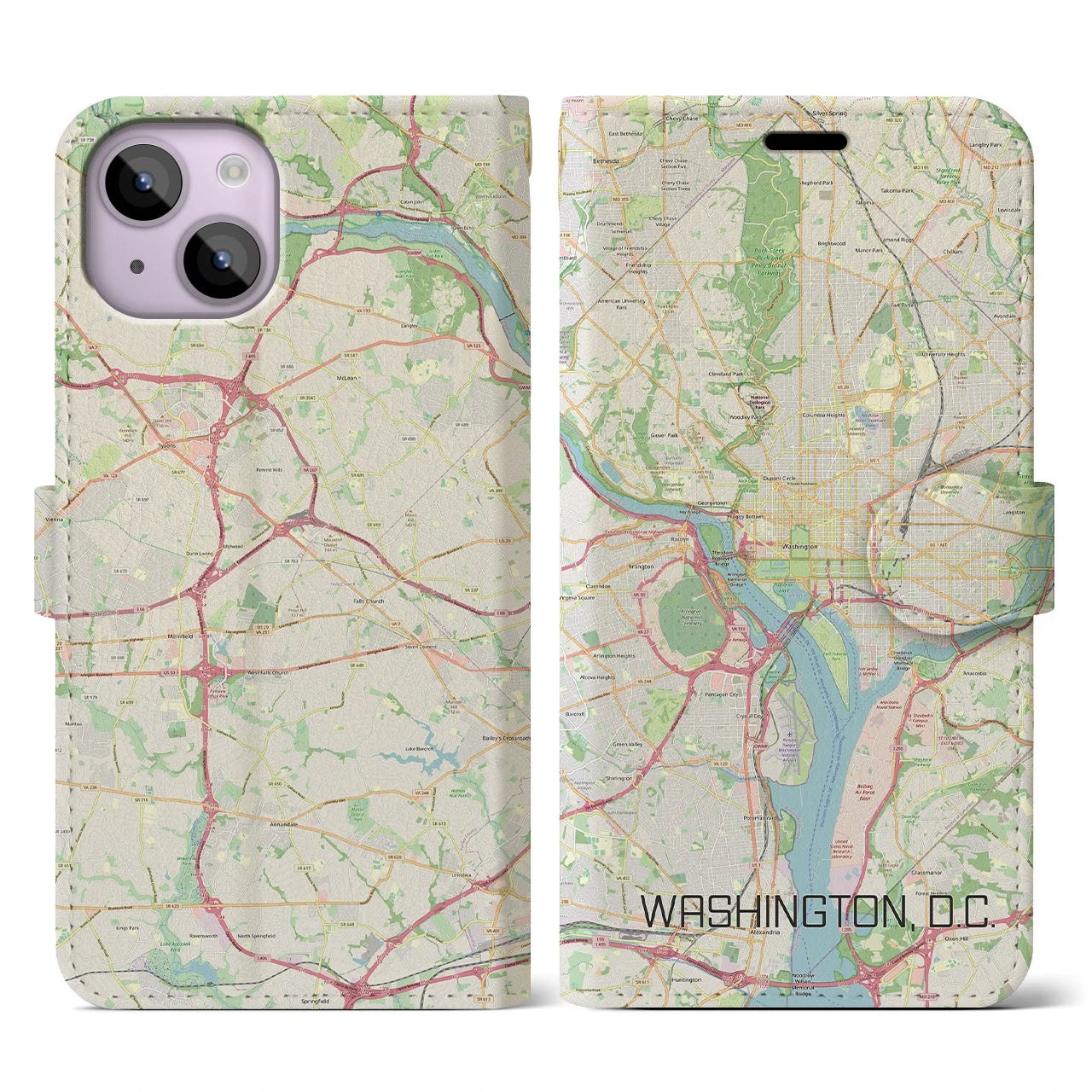 【ワシントンD.C.】地図柄iPhoneケース（手帳両面タイプ・ナチュラル）iPhone 14 用