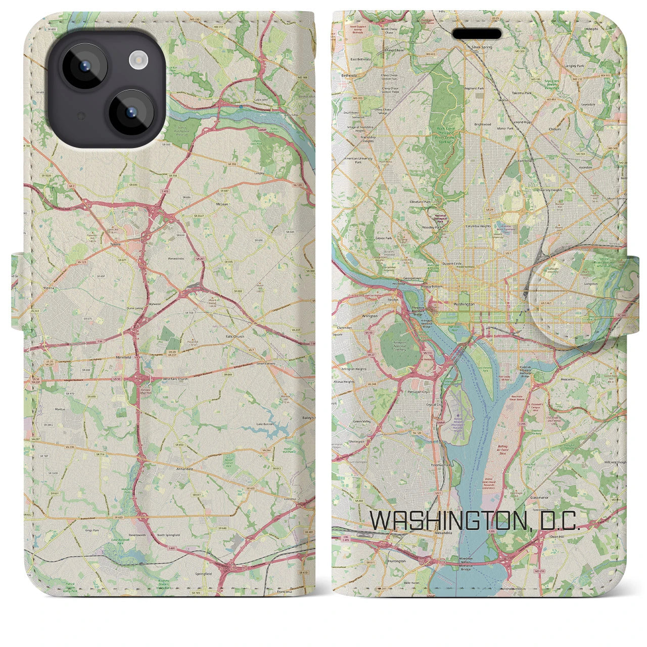 【ワシントンD.C.】地図柄iPhoneケース（手帳両面タイプ・ナチュラル）iPhone 14 Plus 用