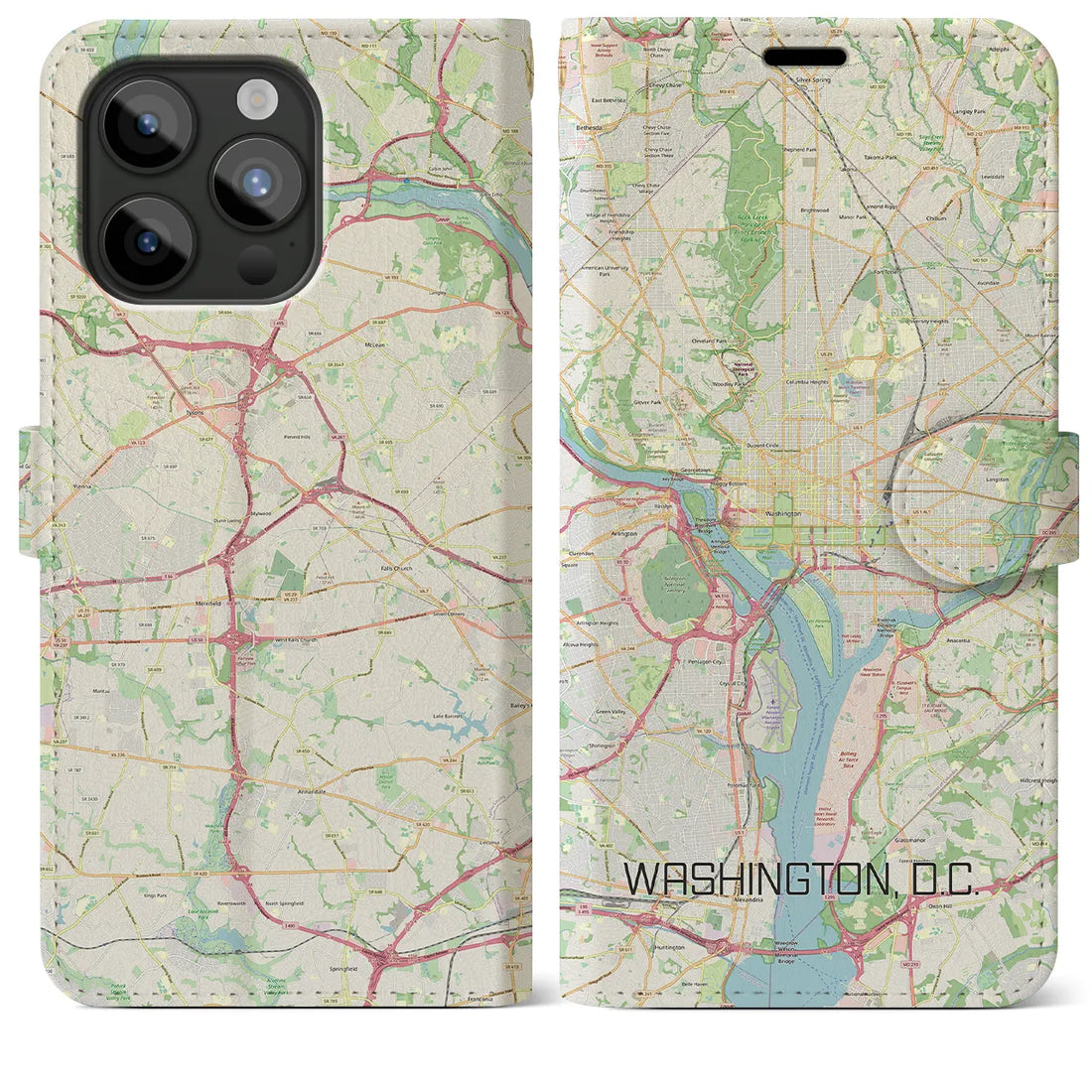 【ワシントンD.C.】地図柄iPhoneケース（手帳両面タイプ・ナチュラル）iPhone 15 Pro Max 用