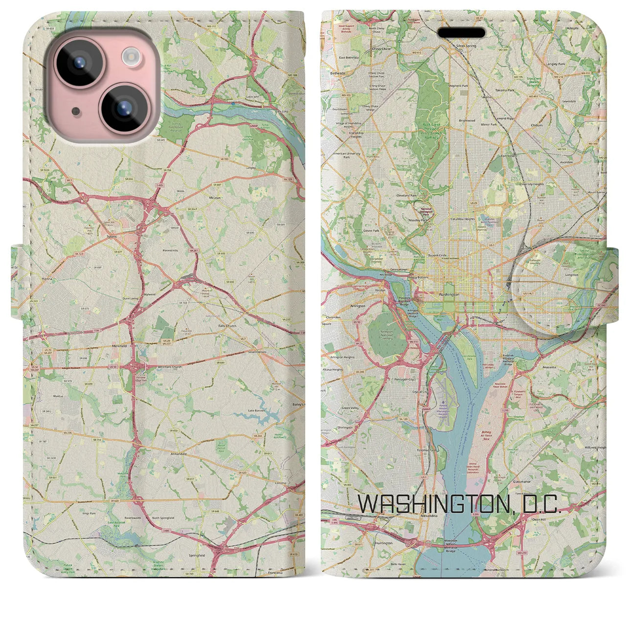 【ワシントンD.C.】地図柄iPhoneケース（手帳両面タイプ・ナチュラル）iPhone 15 Plus 用