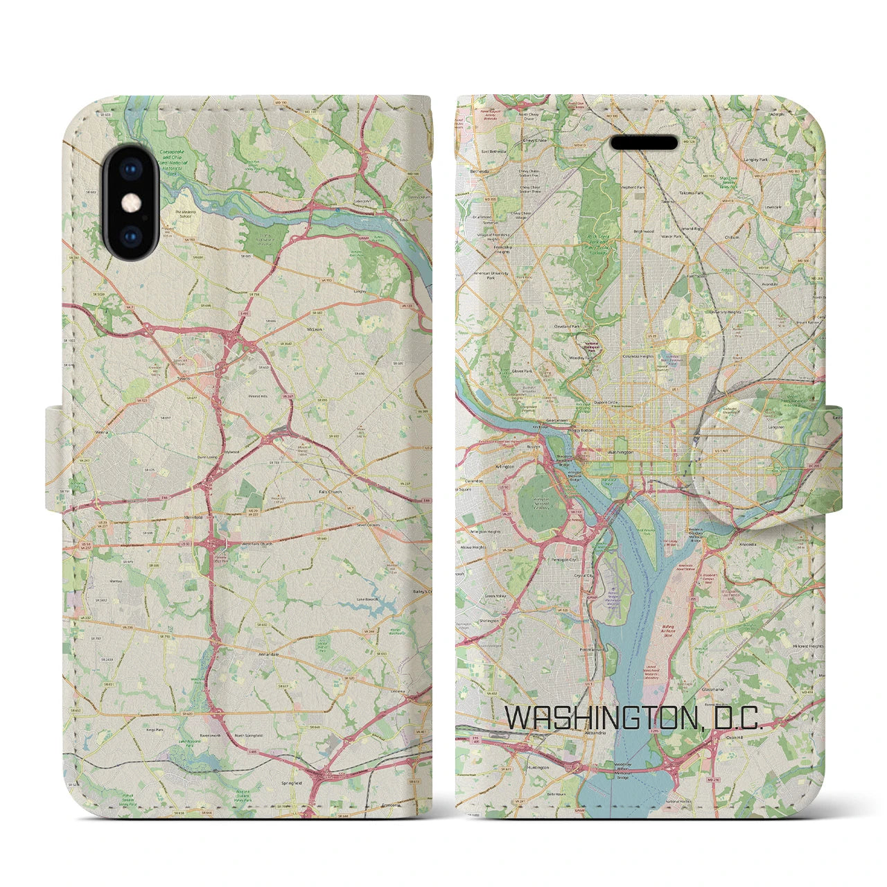【ワシントンD.C.】地図柄iPhoneケース（手帳両面タイプ・ナチュラル）iPhone XS / X 用
