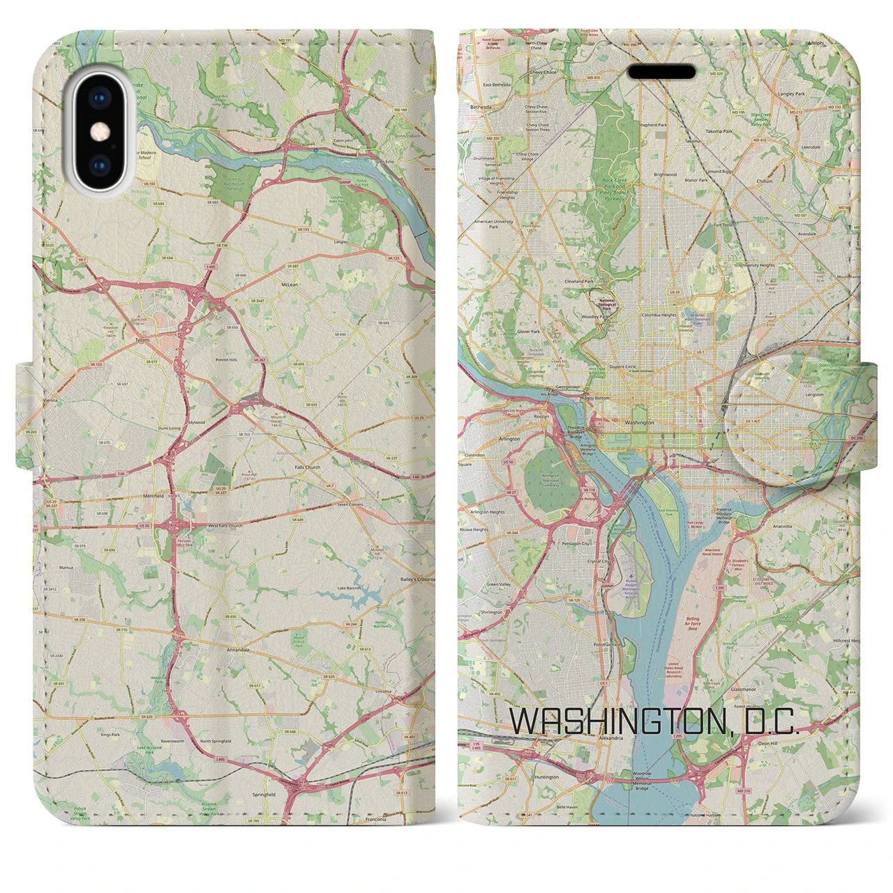 【ワシントンD.C.】地図柄iPhoneケース（手帳両面タイプ・ナチュラル）iPhone XS Max 用