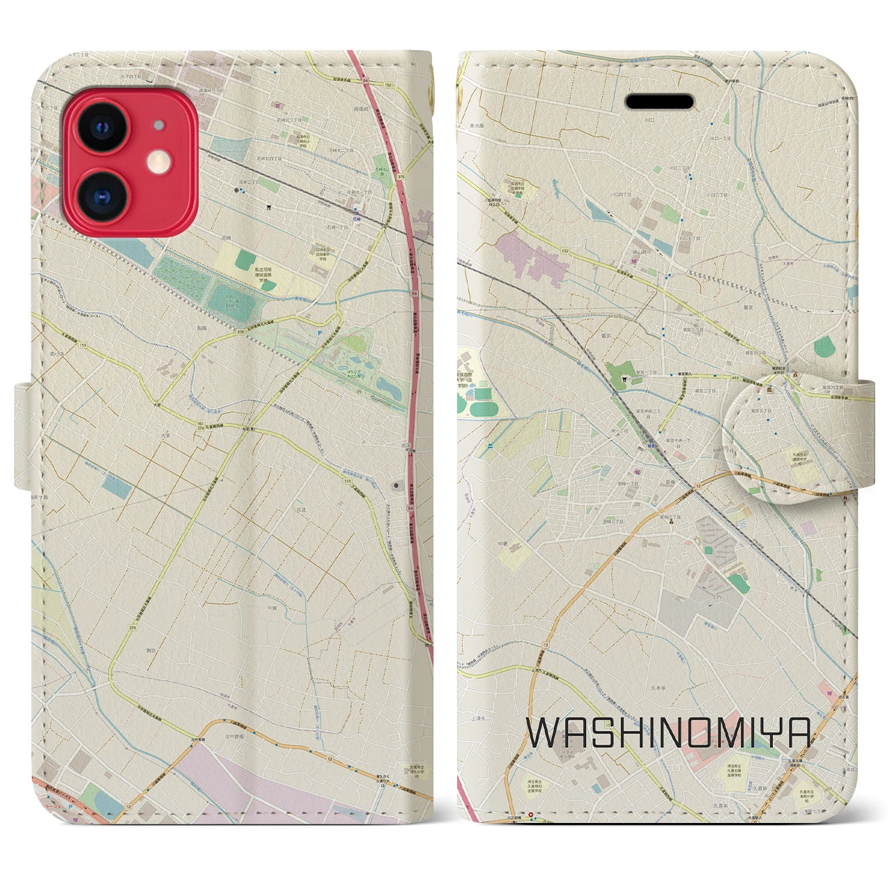 【鷲宮】地図柄iPhoneケース（手帳両面タイプ・ナチュラル）iPhone 11 用
