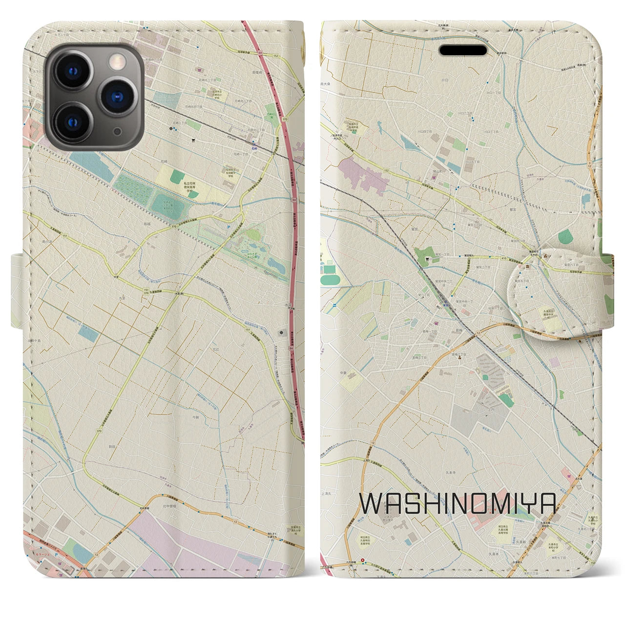 【鷲宮】地図柄iPhoneケース（手帳両面タイプ・ナチュラル）iPhone 11 Pro Max 用