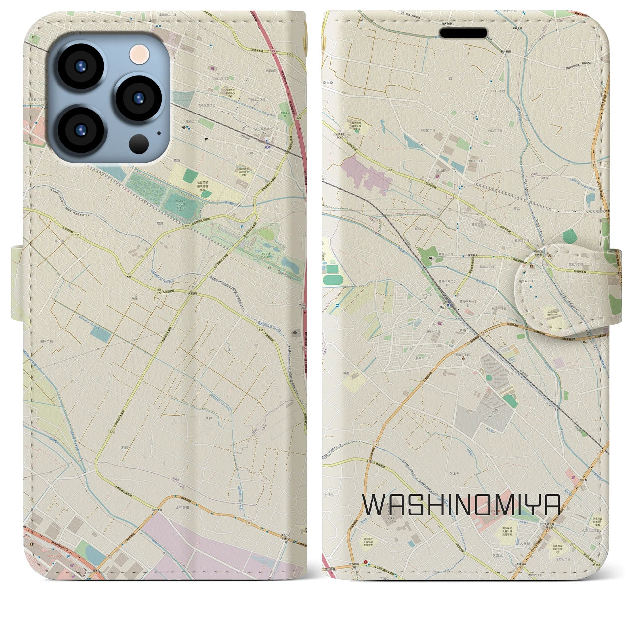 【鷲宮】地図柄iPhoneケース（手帳両面タイプ・ナチュラル）iPhone 13 Pro Max 用
