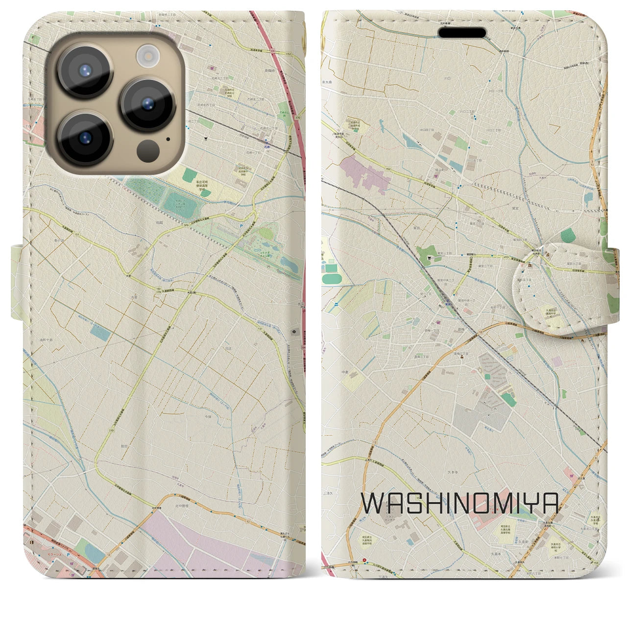 【鷲宮】地図柄iPhoneケース（手帳両面タイプ・ナチュラル）iPhone 14 Pro Max 用