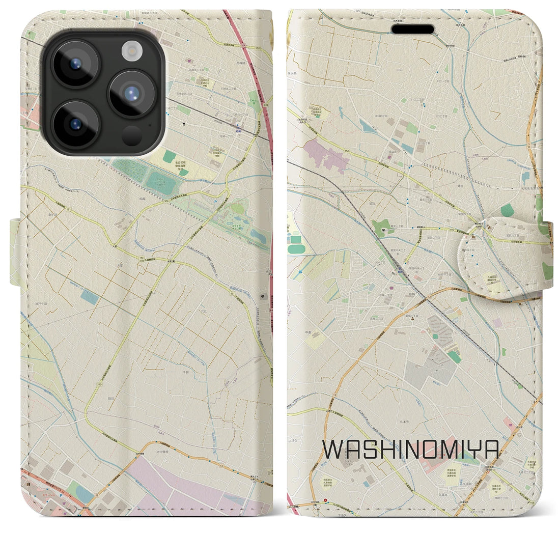 【鷲宮】地図柄iPhoneケース（手帳両面タイプ・ナチュラル）iPhone 15 Pro Max 用
