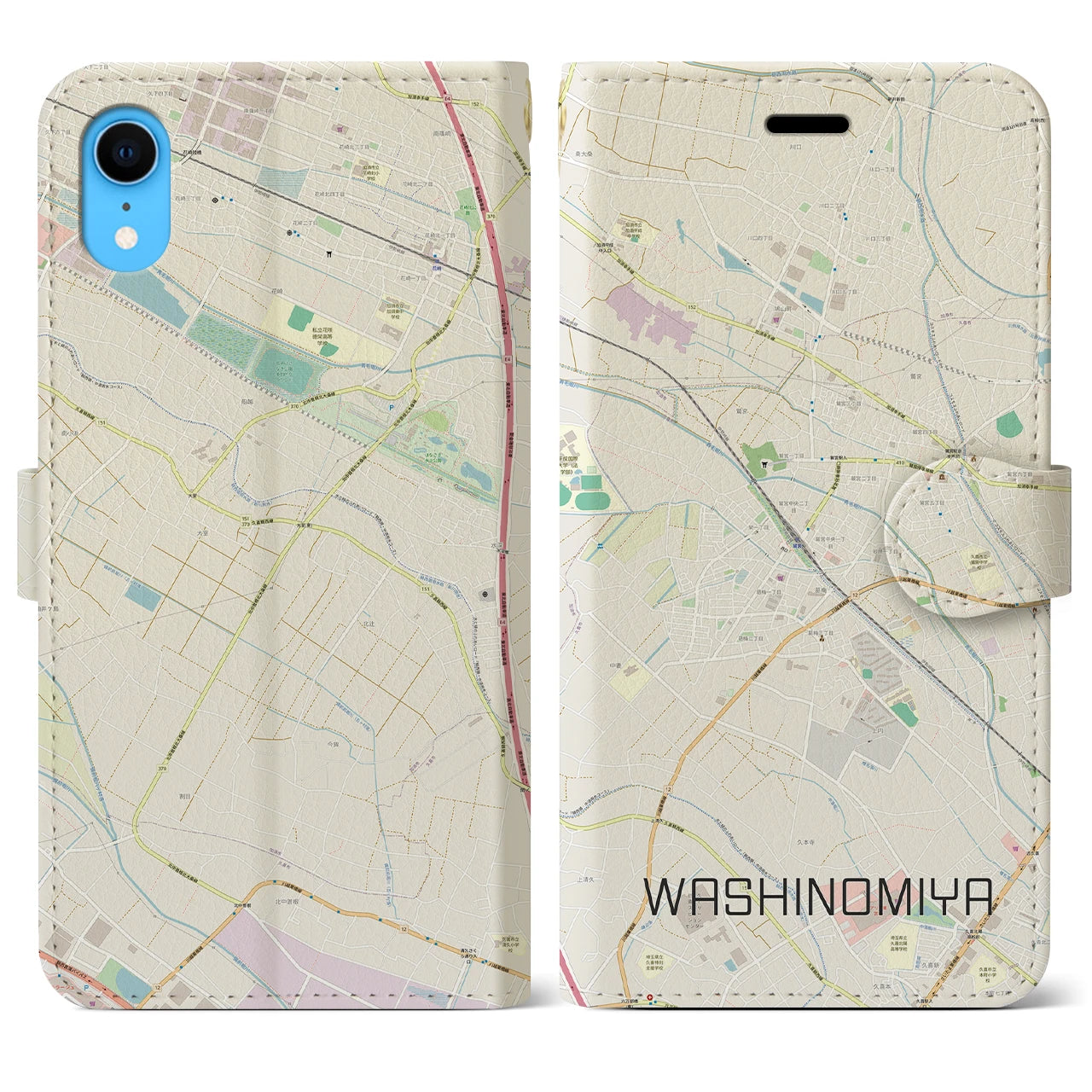 【鷲宮】地図柄iPhoneケース（手帳両面タイプ・ナチュラル）iPhone XR 用