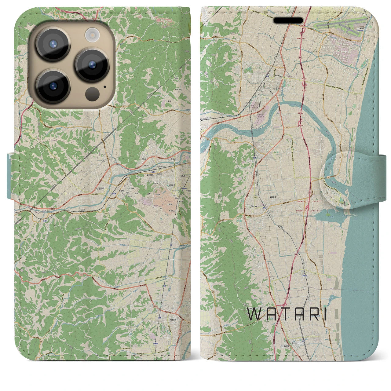 【亘理】地図柄iPhoneケース（手帳両面タイプ・ナチュラル）iPhone 14 Pro Max 用