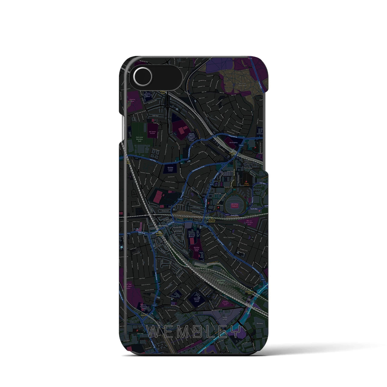 【ウェンブリー】地図柄iPhoneケース（バックカバータイプ・ブラック）iPhone SE（第3 / 第2世代） / 8 / 7 / 6s / 6 用