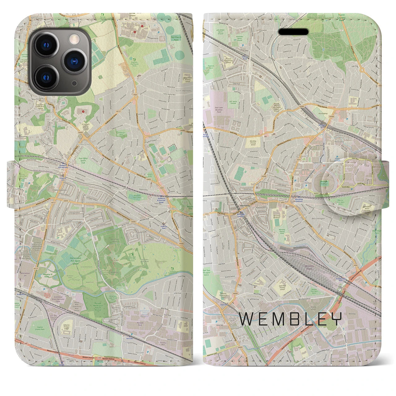 【ウェンブリー】地図柄iPhoneケース（手帳両面タイプ・ナチュラル）iPhone 11 Pro Max 用
