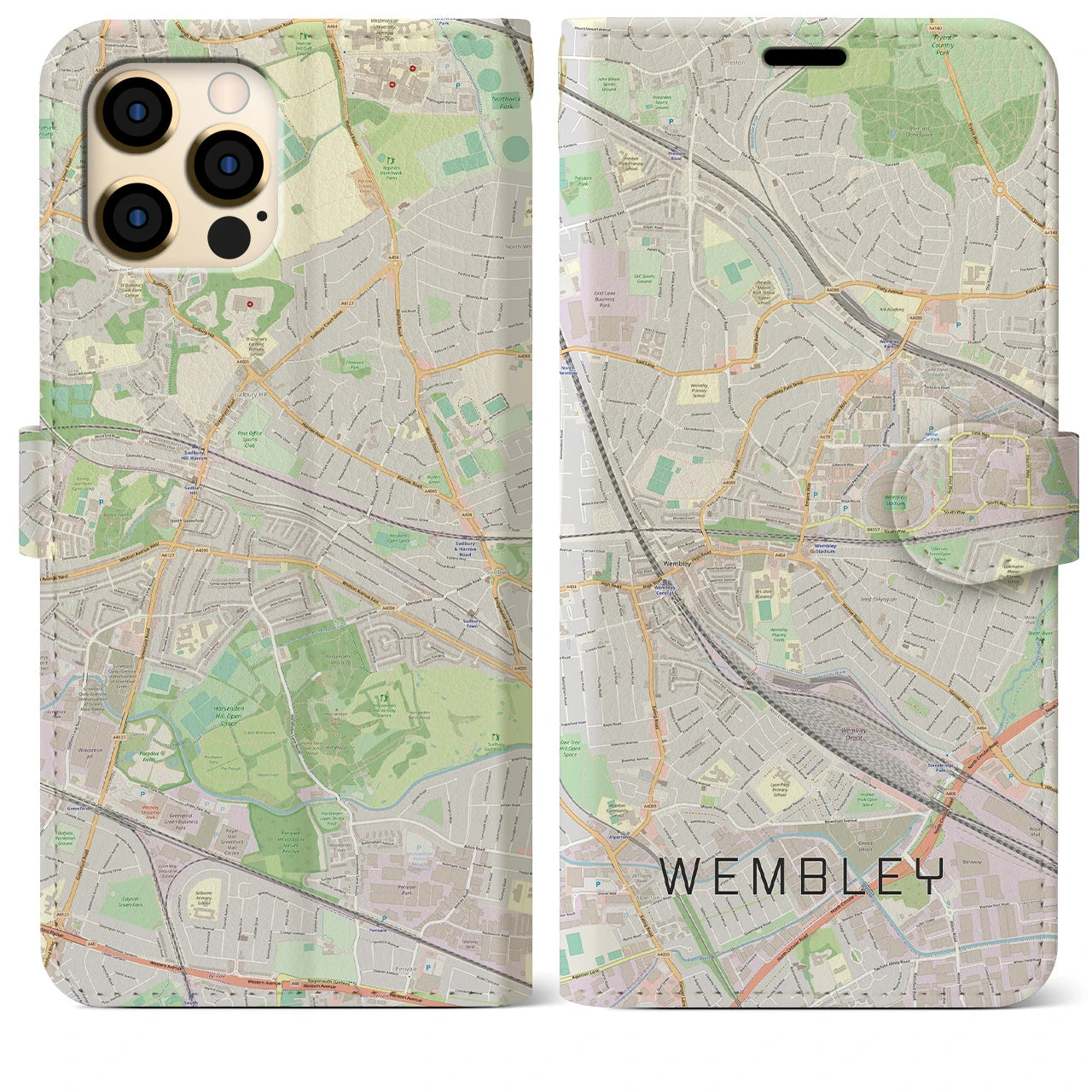 【ウェンブリー】地図柄iPhoneケース（手帳両面タイプ・ナチュラル）iPhone 12 Pro Max 用
