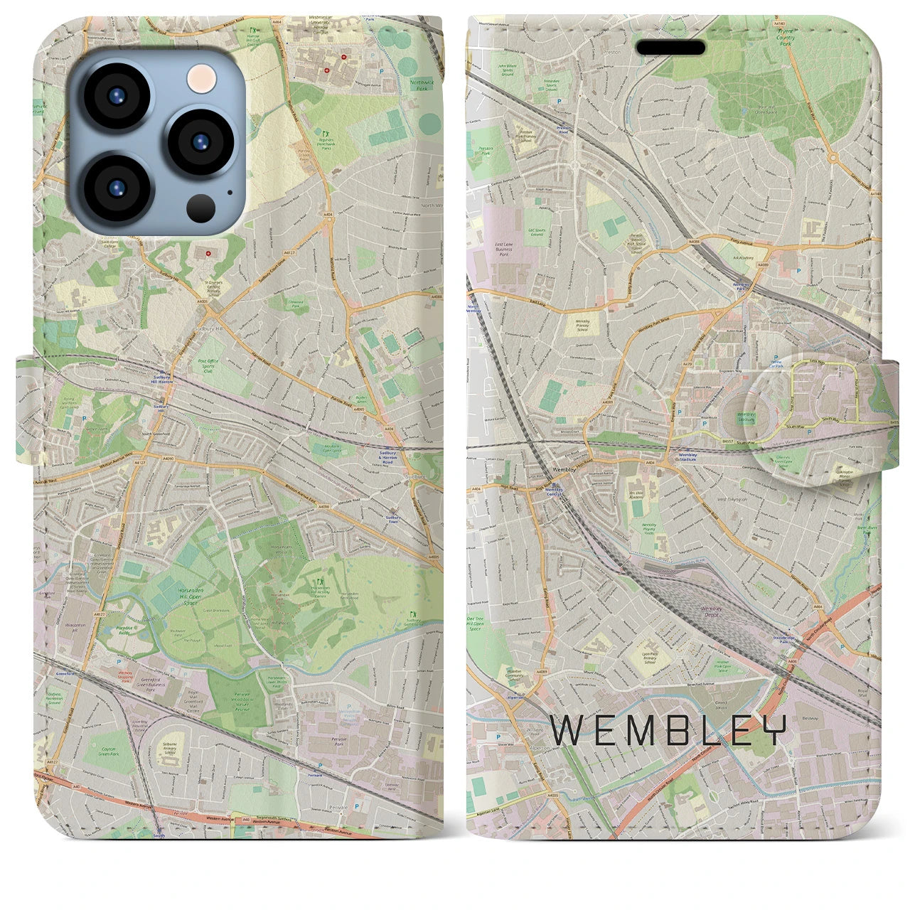 【ウェンブリー】地図柄iPhoneケース（手帳両面タイプ・ナチュラル）iPhone 13 Pro Max 用