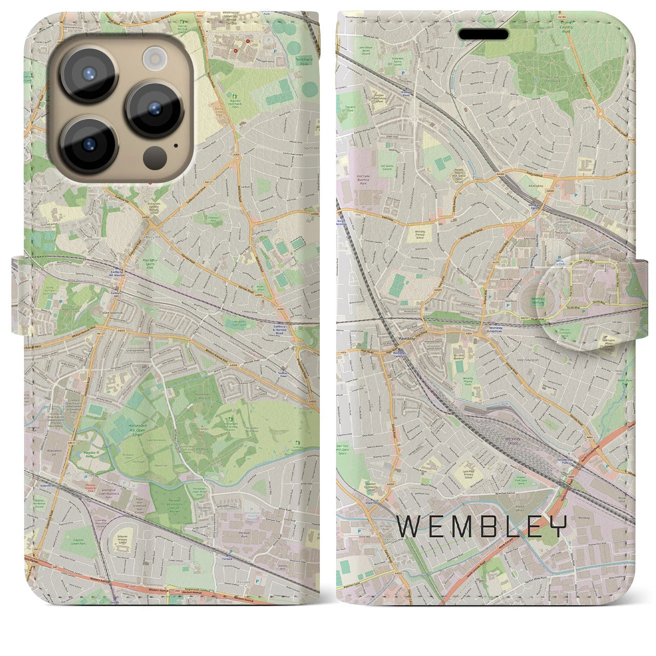 【ウェンブリー】地図柄iPhoneケース（手帳両面タイプ・ナチュラル）iPhone 14 Pro Max 用