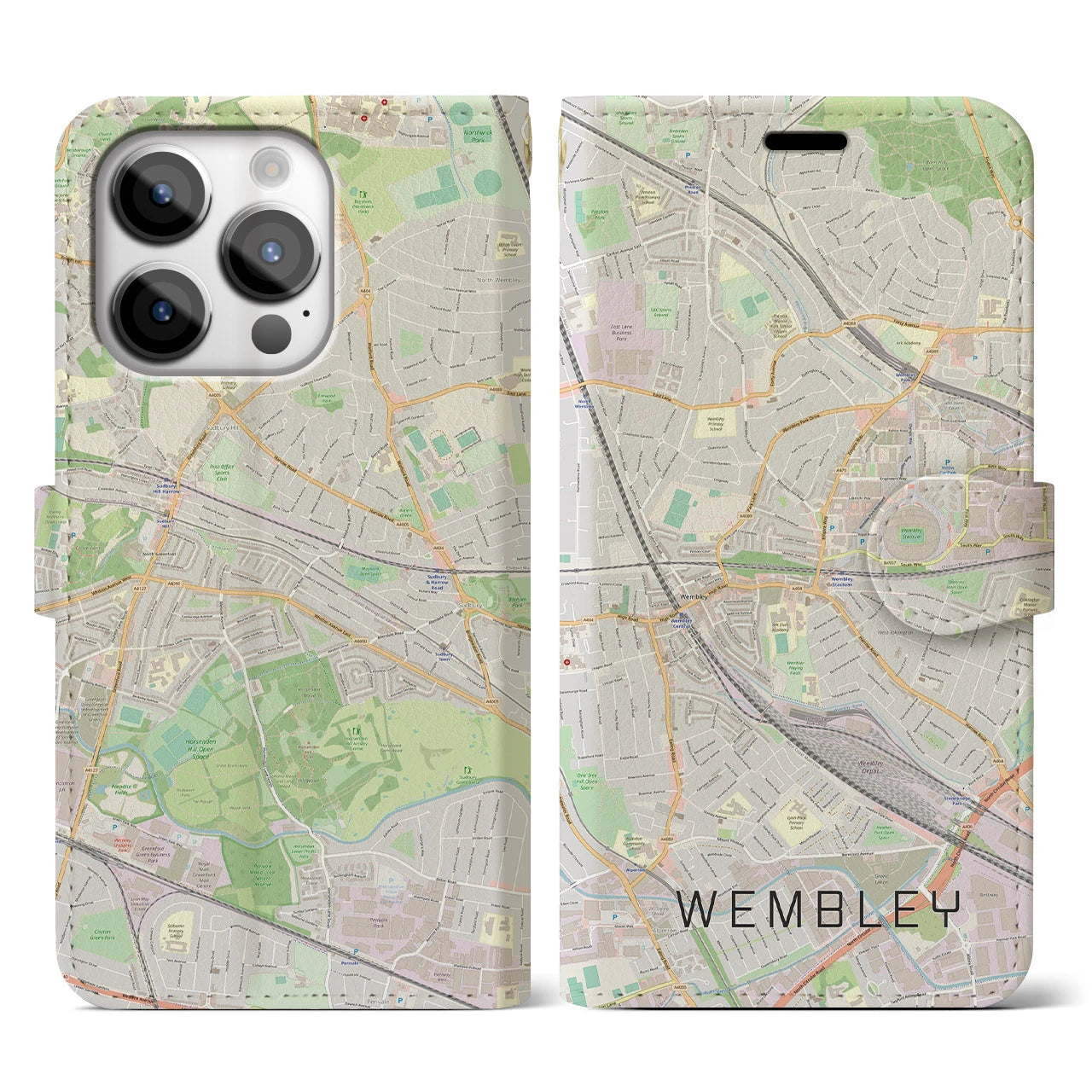 【ウェンブリー】地図柄iPhoneケース（手帳両面タイプ・ナチュラル）iPhone 14 Pro 用