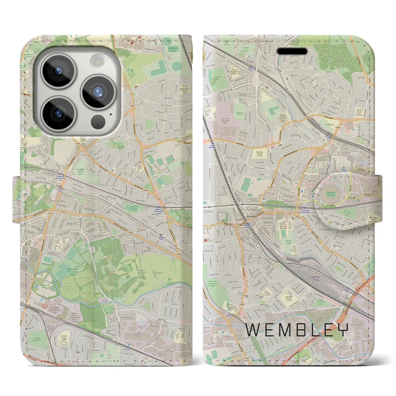 【ウェンブリー】地図柄iPhoneケース（手帳両面タイプ・ナチュラル）iPhone 15 Pro 用
