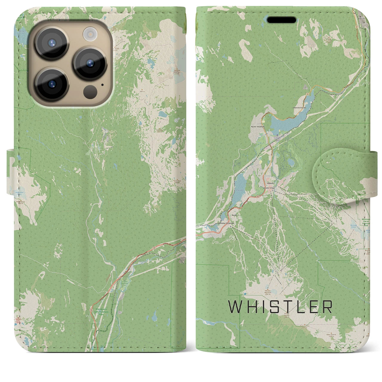 【ウィスラー】地図柄iPhoneケース（手帳両面タイプ・ナチュラル）iPhone 14 Pro Max 用