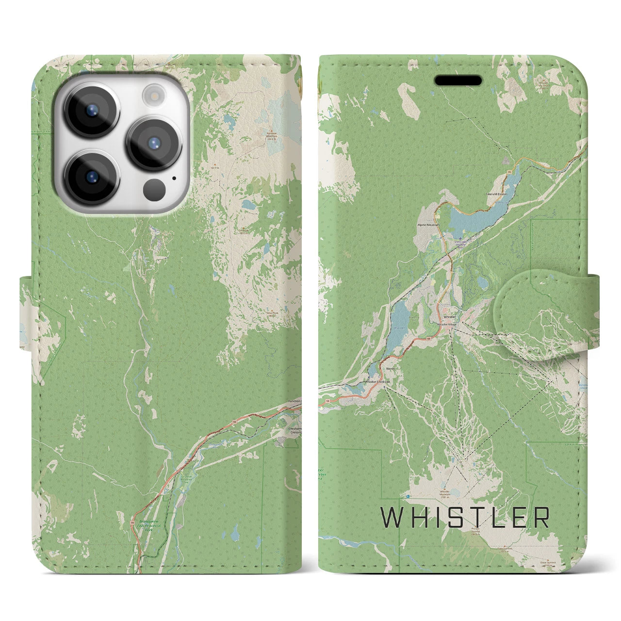【ウィスラー】地図柄iPhoneケース（手帳両面タイプ・ナチュラル）iPhone 14 Pro 用