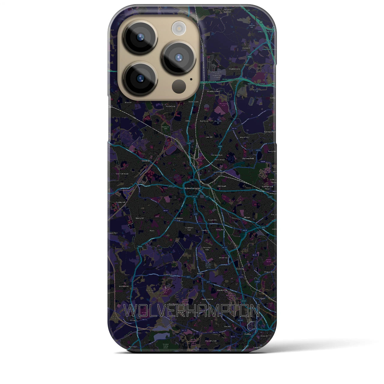 【ウルヴァーハンプトン】地図柄iPhoneケース（バックカバータイプ・ブラック）iPhone 14 Pro Max 用