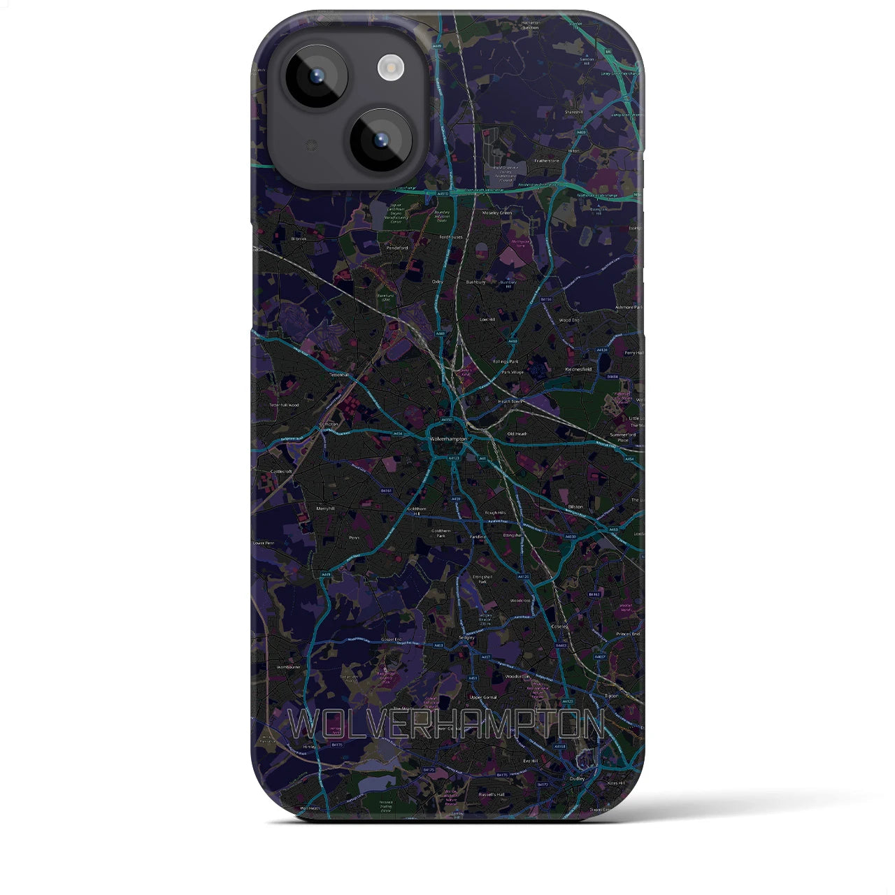 【ウルヴァーハンプトン】地図柄iPhoneケース（バックカバータイプ・ブラック）iPhone 14 Plus 用