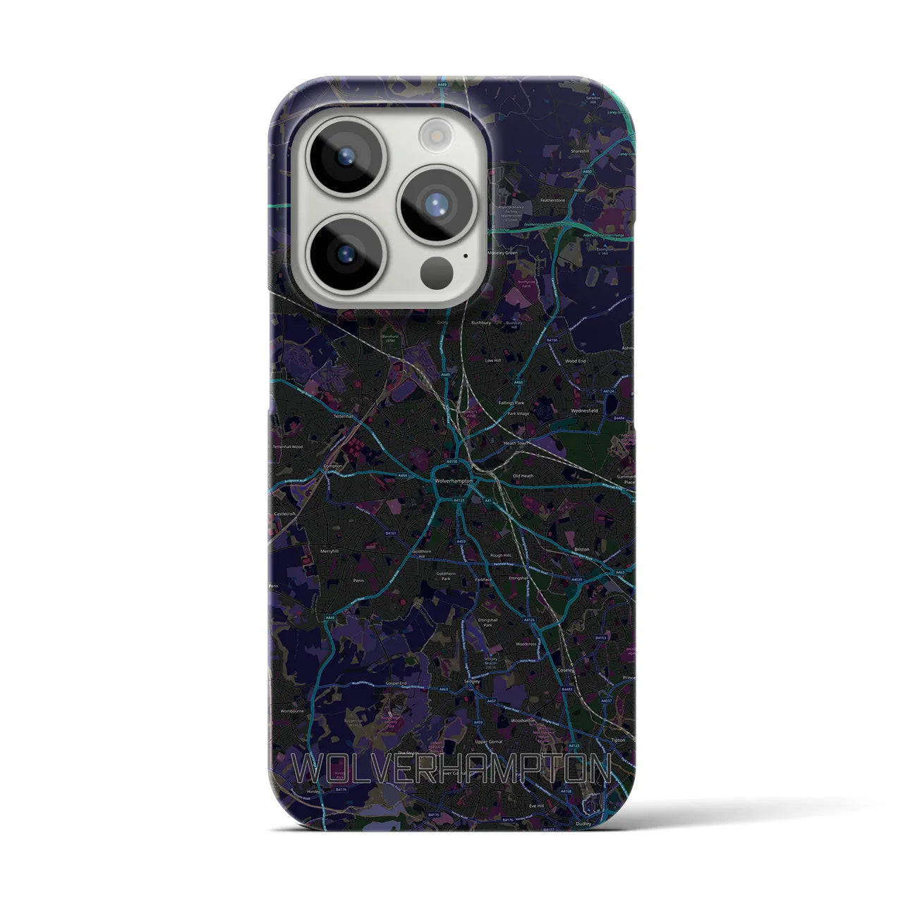 【ウルヴァーハンプトン】地図柄iPhoneケース（バックカバータイプ・ブラック）iPhone 15 Pro 用