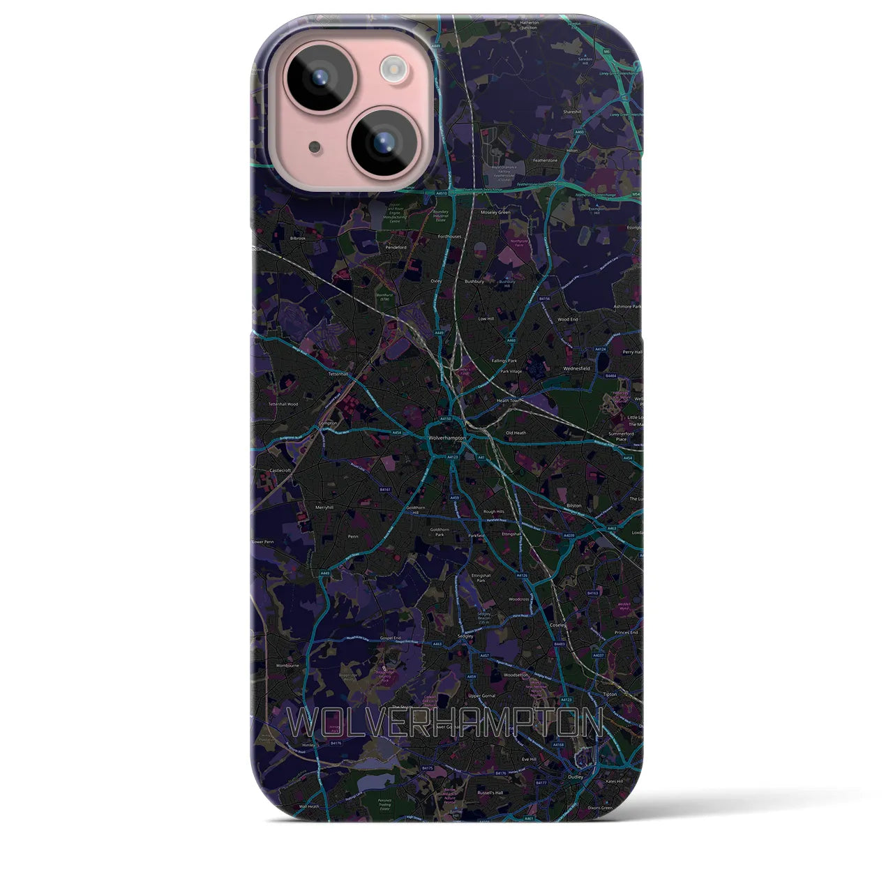 【ウルヴァーハンプトン】地図柄iPhoneケース（バックカバータイプ・ブラック）iPhone 15 Plus 用