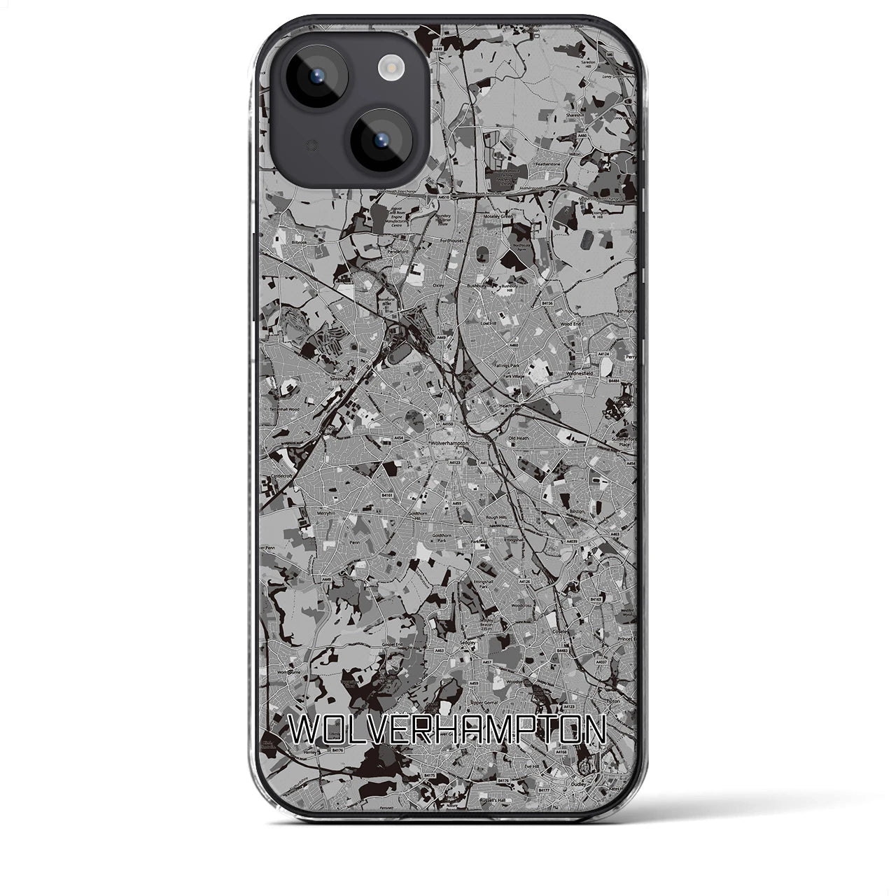 【ウルヴァーハンプトン】地図柄iPhoneケース（クリアタイプ・モノトーン）iPhone 14 Plus 用
