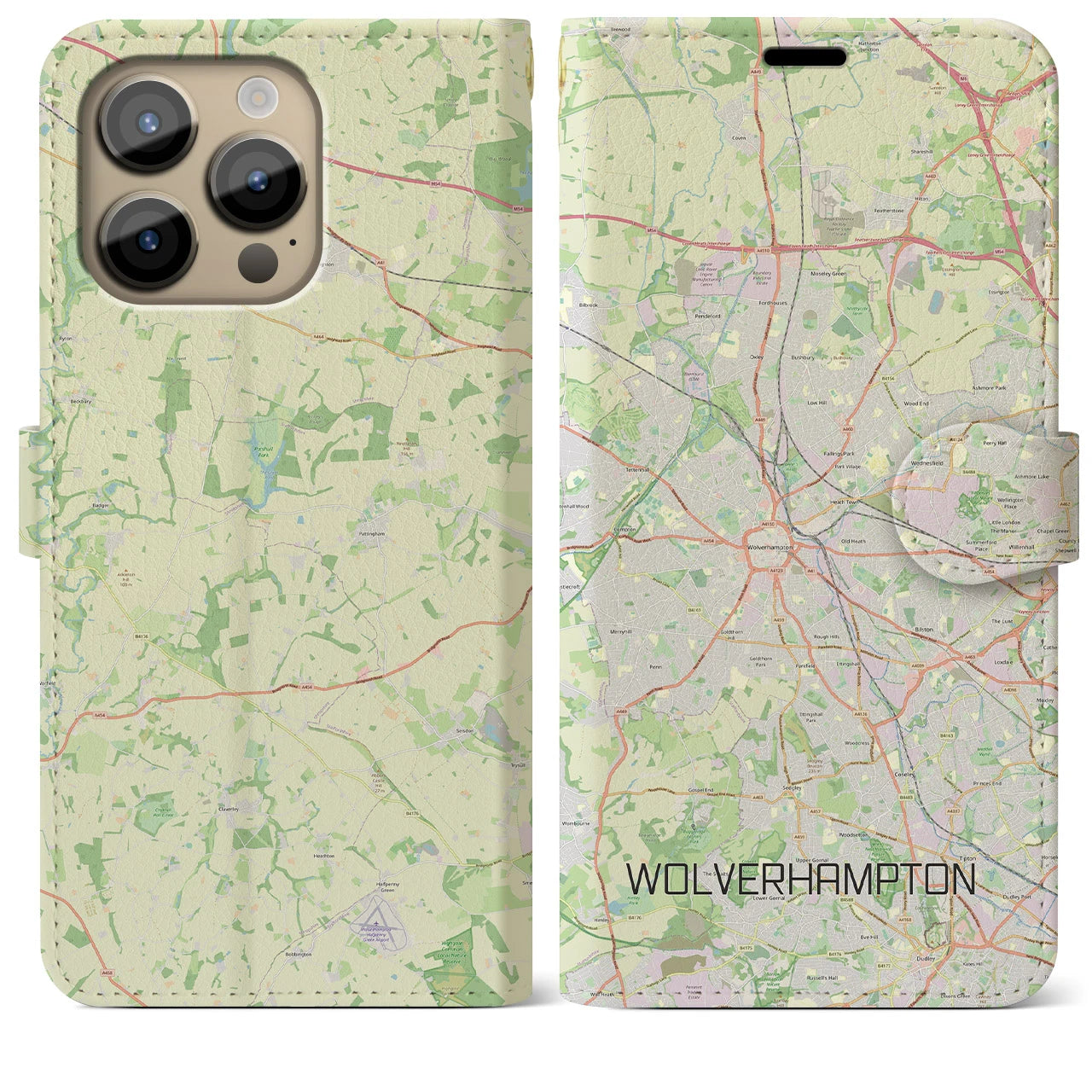 【ウルヴァーハンプトン】地図柄iPhoneケース（手帳両面タイプ・ナチュラル）iPhone 14 Pro Max 用