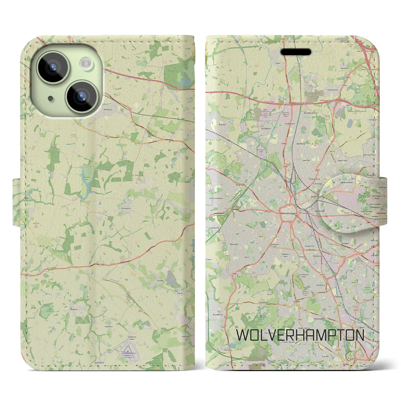 【ウルヴァーハンプトン】地図柄iPhoneケース（手帳両面タイプ・ナチュラル）iPhone 15 用