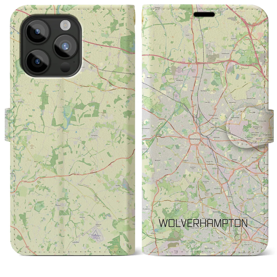 【ウルヴァーハンプトン】地図柄iPhoneケース（手帳両面タイプ・ナチュラル）iPhone 15 Pro Max 用