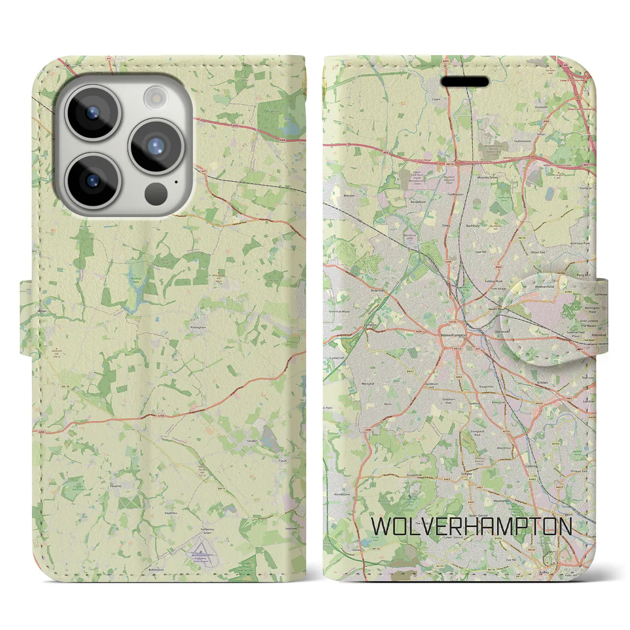 【ウルヴァーハンプトン】地図柄iPhoneケース（手帳両面タイプ・ナチュラル）iPhone 15 Pro 用