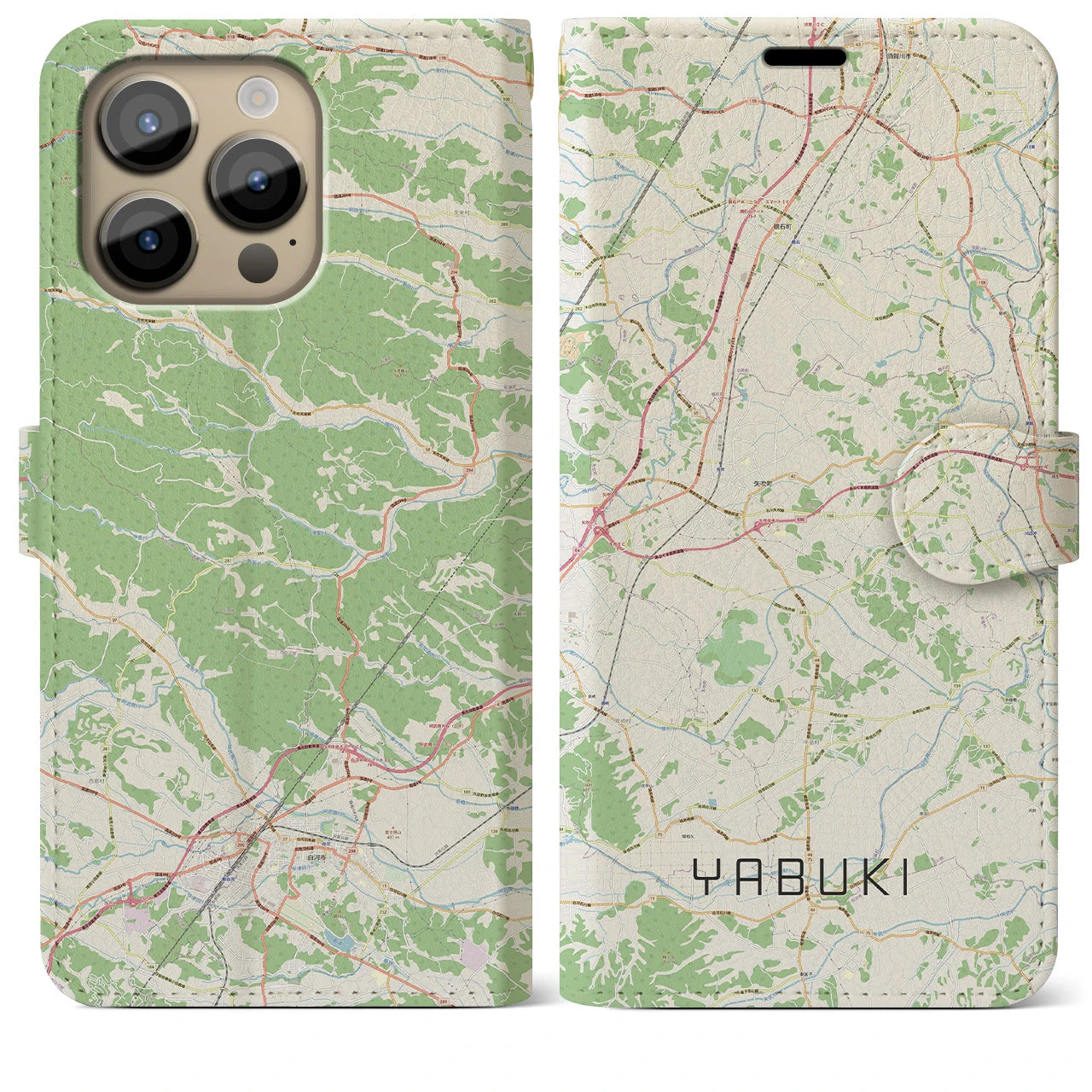 【矢吹】地図柄iPhoneケース（手帳両面タイプ・ナチュラル）iPhone 14 Pro Max 用