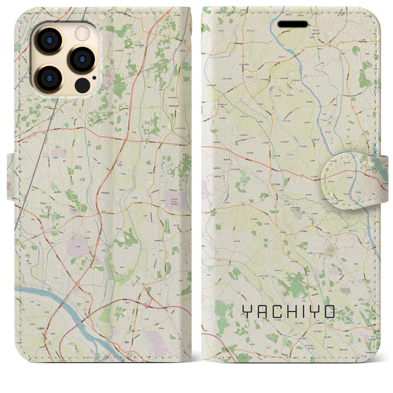 【八千代（茨城県）】地図柄iPhoneケース（手帳両面タイプ・ナチュラル）iPhone 12 Pro Max 用