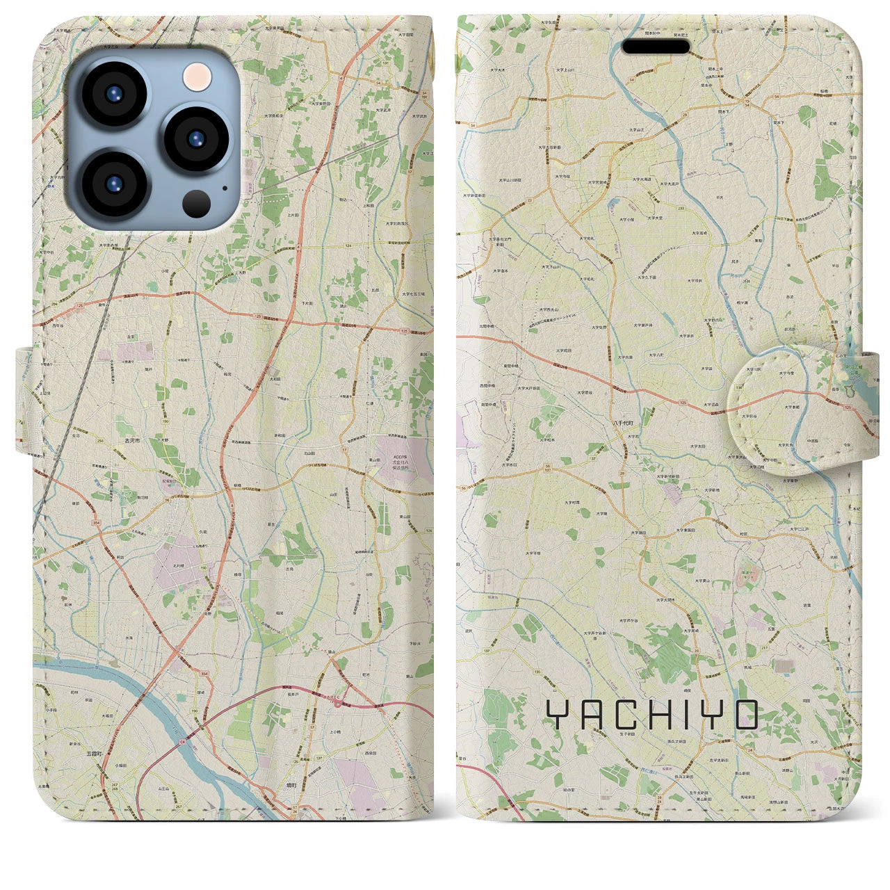 【八千代（茨城県）】地図柄iPhoneケース（手帳両面タイプ・ナチュラル）iPhone 13 Pro Max 用