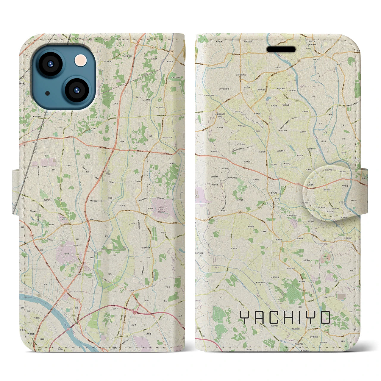 【八千代（茨城県）】地図柄iPhoneケース（手帳両面タイプ・ナチュラル）iPhone 13 Pro 用